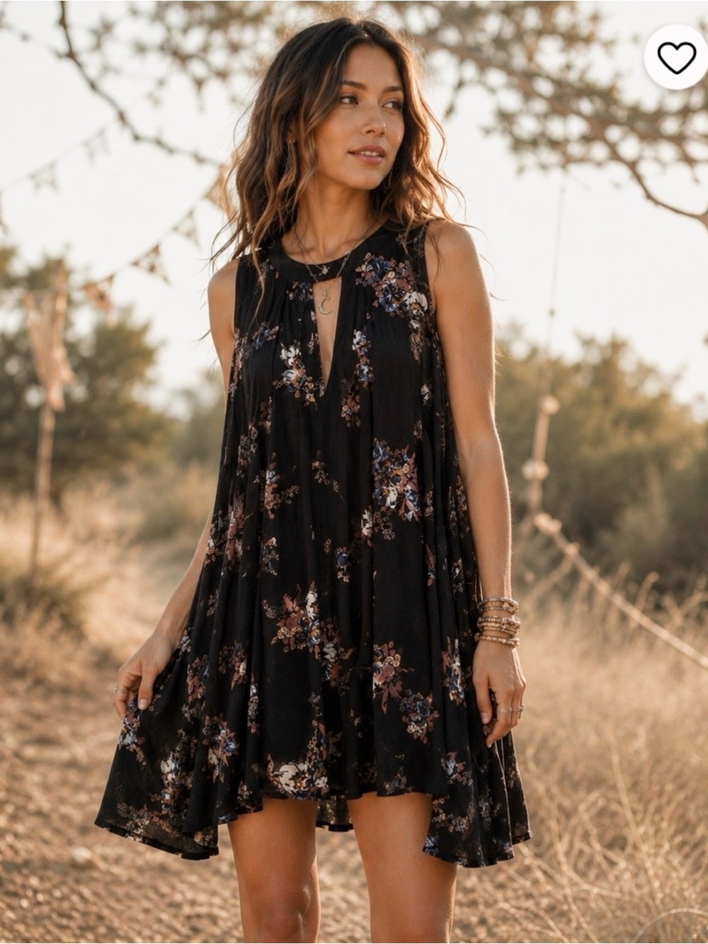 Free People | Tree Swing Black Floral Keyhole Tunic Mini Dress